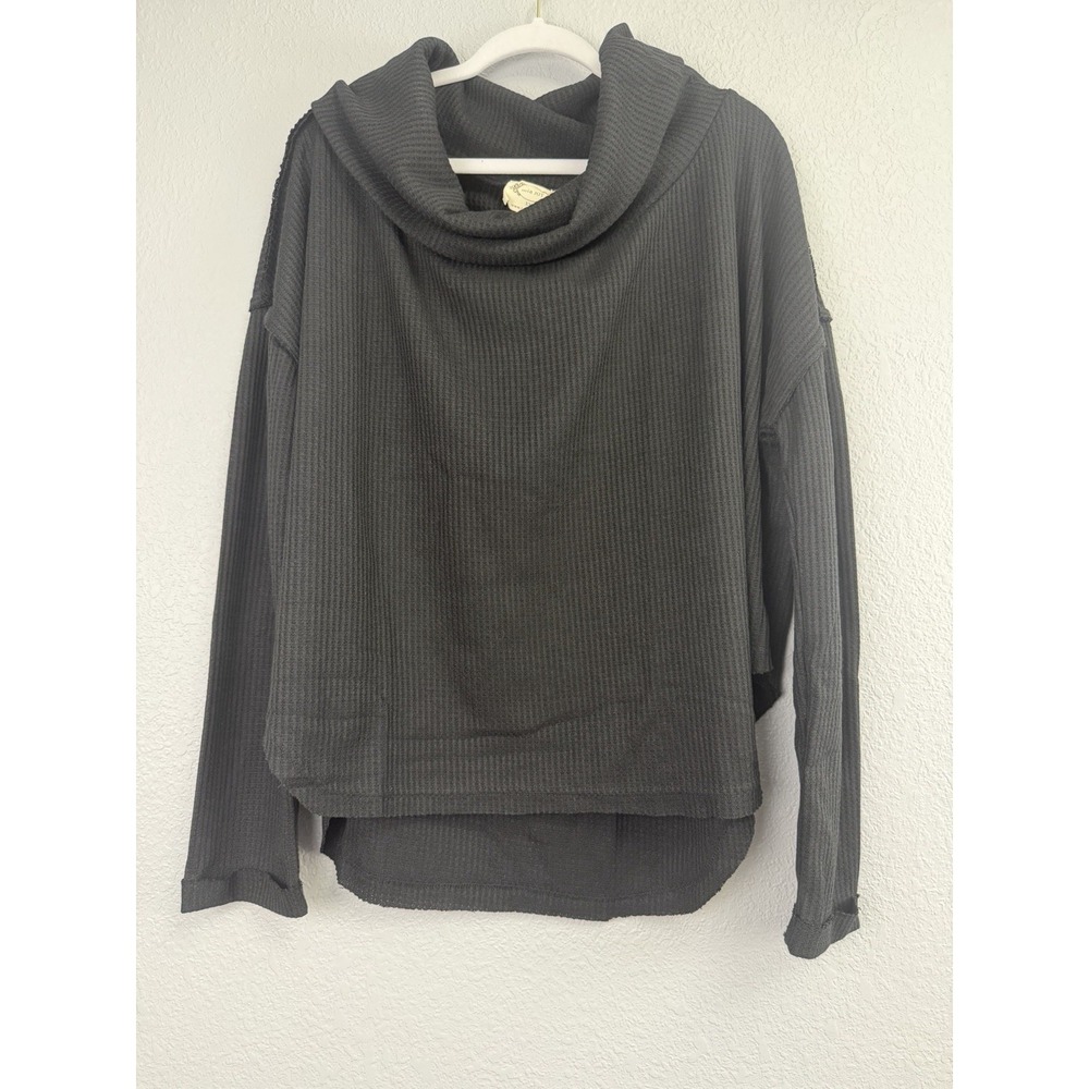 Mia Joy Womens Jules Sweatshirt Size XXL Black Waffle Knit Long Sleeve Cowl Neck